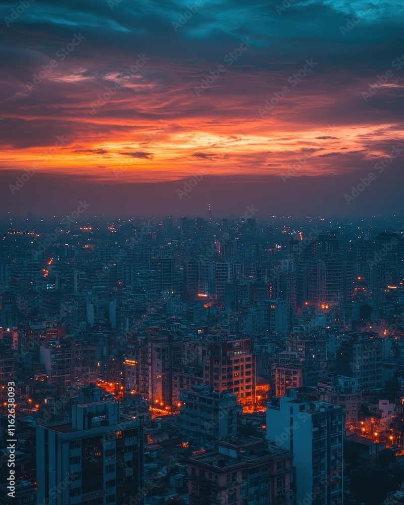 Fototapeta premium A stunning city skyline at sunset, featuring skyscrapers illuminated by warm lights against a vibrant, colorful sky.