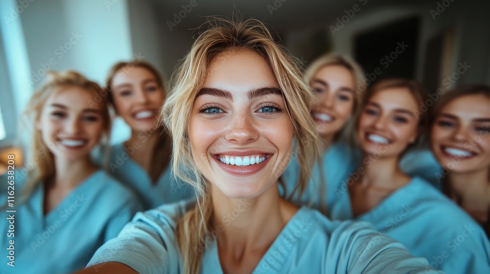 Group of smiling healthcare professionals in scrubs enjoying a moment together indoors Group of smiling healthcare professionals in scrubs enjoying a moment together indoors