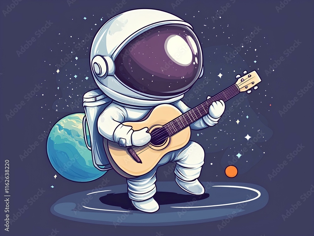 Naklejka premium Cartoon astronaut playing acoustic guitar in space with planets