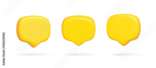 Render 3D illustration of Yellow speech bubble. Mate speech bubble high quality vector. Symbol or emblem for speak bubble text, chatting box, message box outline cartoon. Vector illustration