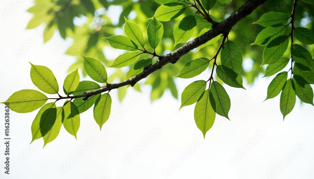 Closeup view of vibrant green leaves on tree branch. Fresh foliage against bright white background. Natural light highlights details. Ideal for nature eco themes. Perfect for spring summer content. Closeup view of vibrant green leaves on tree branch. Fresh foliage against bright white background. Natural light highlights details. Ideal for nature eco themes. Perfect for spring summer content.