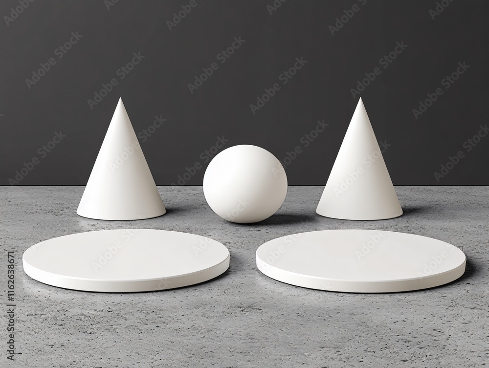Fototapeta premium Abstract Geometric Shapes: Minimalist White Cones, Sphere, and Platforms on Gray Background