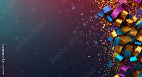 Colorful glitter and confetti on a bright gradient background. New Year's Eve event posters, party invitations, pop art