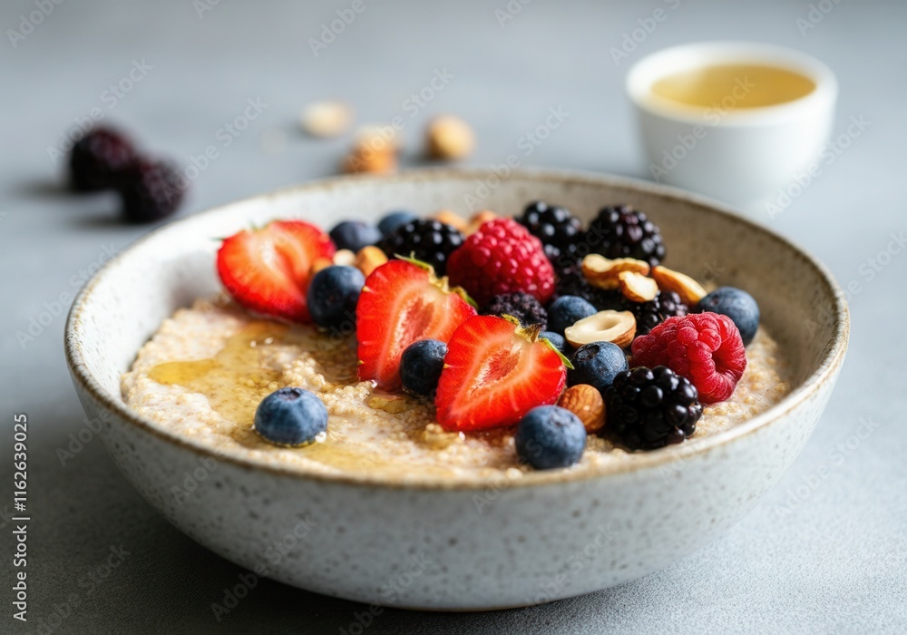 Bowl of healthy oatmeal porridge topped with fresh berries, almonds, hazelnuts and honey, creating a nutritious and delicious breakfast option Bowl of healthy oatmeal porridge topped with fresh berries, almonds, hazelnuts and honey, creating a nutritious and delicious breakfast option