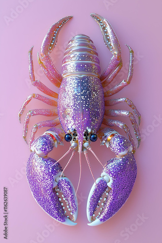 dazzling lobster encrusted with shimmering purple and silver sequins and pearls, set against a soft lavender background instead of pink for a refined look.   photo