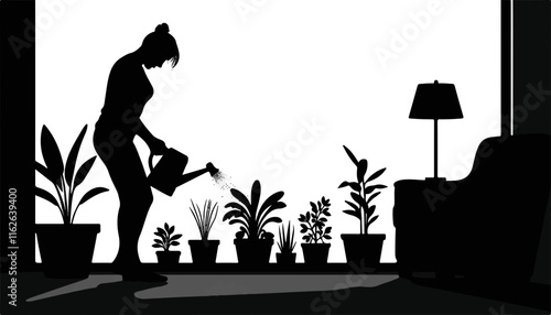 Woman watering plants in silhouette against home interior