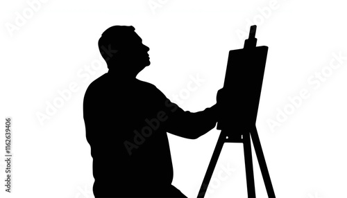 Silhouette of artist creating artwork on easel