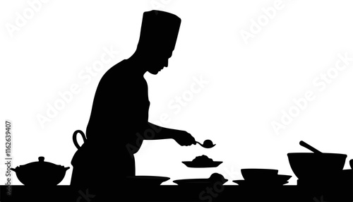 Chef preparing food in silhouette against kitchen background