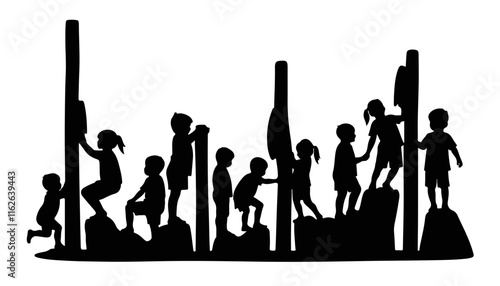 Children climbing on playground equipment silhouette