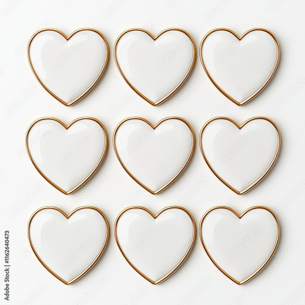 Obraz premium A minimalist arrangement of white ceramic hearts with golden edges, perfect for decorations or romantic themes in photography.