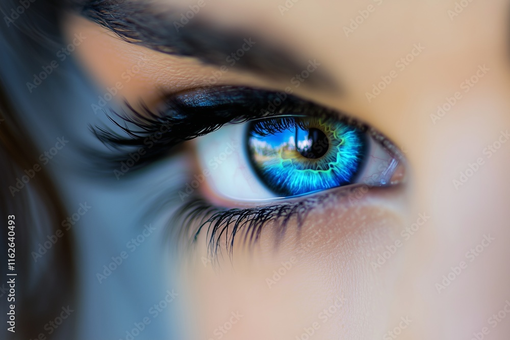 Obraz premium Macro shot of a womana??s electric blue eye, highlighting the contrast between the dark pupil and vibrant iris details, captured in