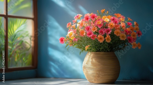 Wallpaper Mural Sunlit floral arrangement in bamboo vase against blue wall Torontodigital.ca