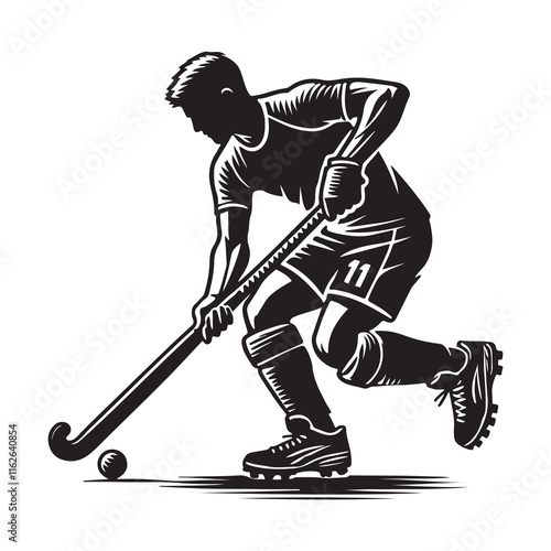 Field Hockey Silhouette Vector Illustration, Solid White Background.