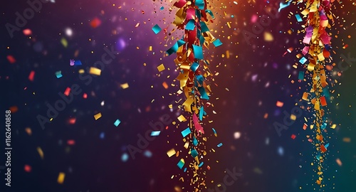 Colorful glitter and confetti on a bright gradient background. New Year's Eve event posters, party invitations, pop art
