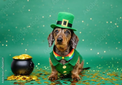 Dachshund dog wearing a leprechaun costume sits next to a pot of gold coins on a sparkling green background for st. Patrick's day