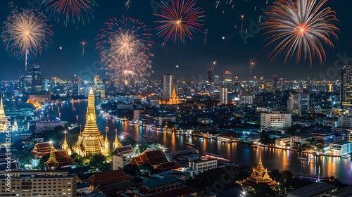Stunning Night View of Bangkok with Vibrant Fireworks Illuminating the Sky Over Historical Temples and the Chao Phraya River in Thailand