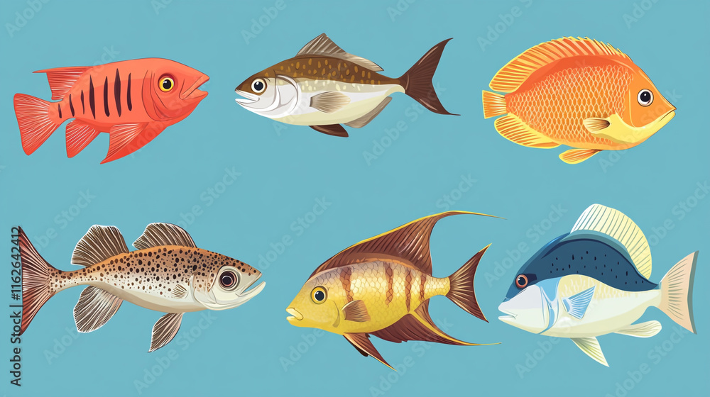 Naklejka premium Colorful illustration of various fish species in vibrant aquatic setting.