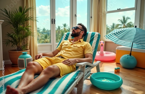 Man relaxes in indoor home setting during hot summer vacation. Wears yellow shirt, shorts. Beach umbrella, inflatable flamingo nearby. Sits in comfortable chair with cool breeze, fan. Indoor vacation