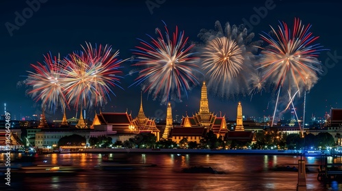 Spectacular Fireworks Display Over Historic Temple Complex in Bangkok, Thailand, Illuminating Night Sky with Vibrant Colors and Celebratory Atmosphere
