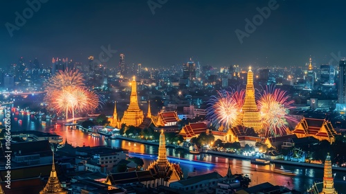 Vibrant Night Skyline of Bangkok with Colorful Fireworks Over Temples and the Chao Phraya River Illuminating the Cityscape