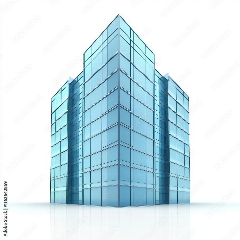 Modern Glass Building with Reflective Facade in Bright White Background Modern Glass Building with Reflective Facade in Bright White Background
