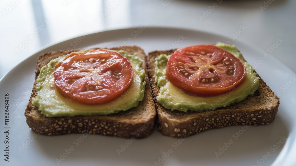 Fresh Whole Grain Toast with Tomato and Avocado Spread Fresh Whole Grain Toast with Tomato and Avocado Spread