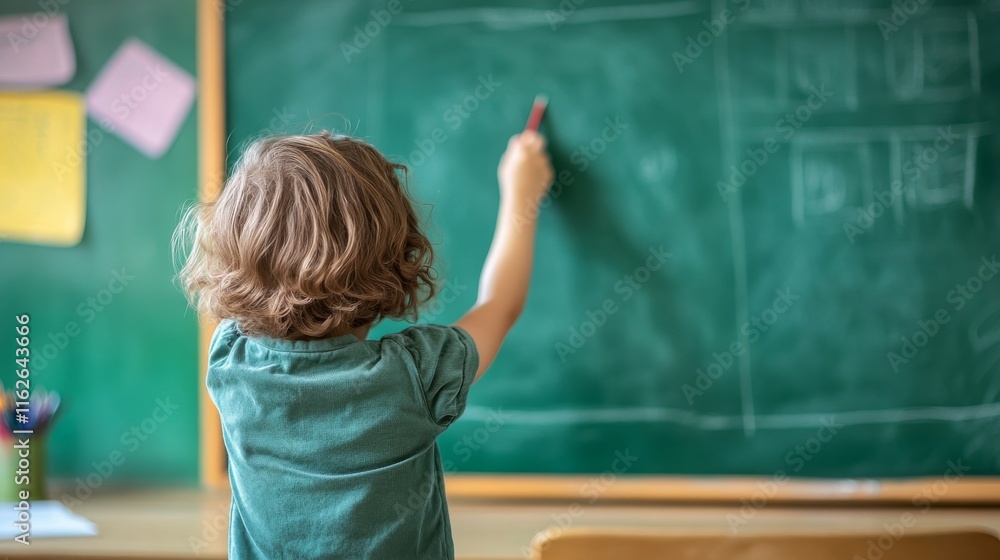 Unrecognizable young child engaged in artistic creativity while drawing at school during class on a green writing board, fostering learning and imagination Unrecognizable young child engaged in artistic creativity while drawing at school during class on a green writing board, fostering learning and imagination