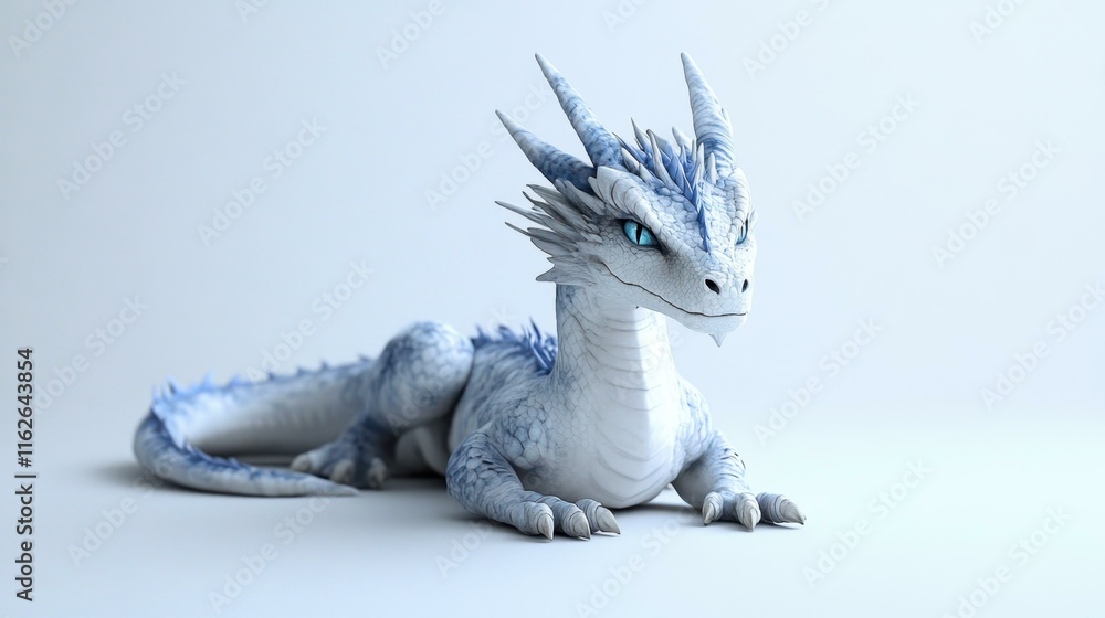 Fototapeta premium Mystical Wings. White blue baby dragon lying, fantasy creature animal