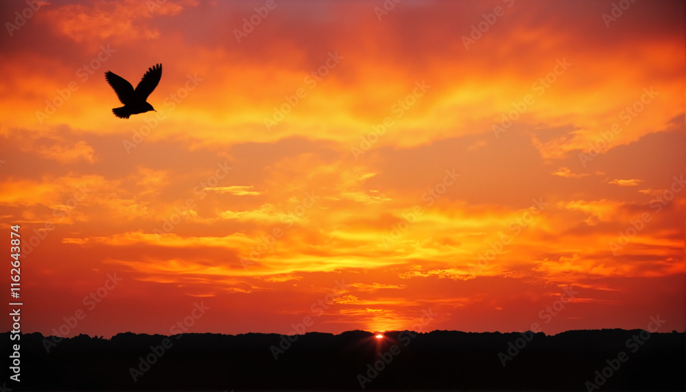Bird soaring against vibrant sunset sky Bird soaring against vibrant sunset sky