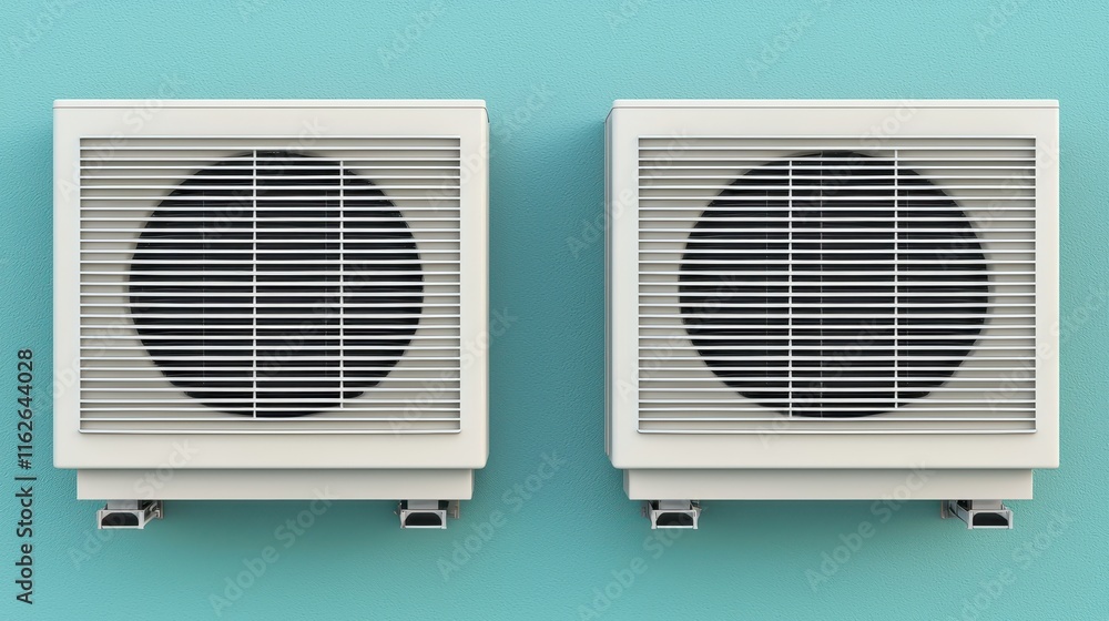 Modern Air Conditioning Units on a Bright Turquoise Wall Modern Air Conditioning Units on a Bright Turquoise Wall