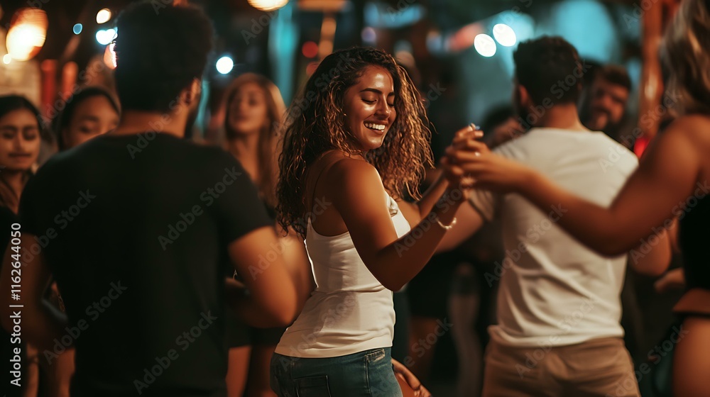 A group of friends learning to dance salsa at a cultural event A group of friends learning to dance salsa at a cultural event