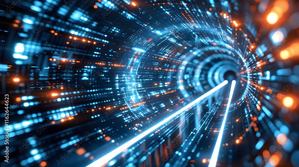 Obraz premium Futuristic digital tunnel with glowing networks, bright lights, and perspective lines creating a mesmerizing sense of speed and technological advancement in a sci-fi atmosphere