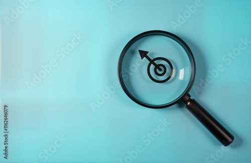 Wallpaper Mural Magnifying glass focuses on target board. Business strategy concept. Target and arrow visual. Blue background highlights focus. Achieve goals. Corporate image. Torontodigital.ca