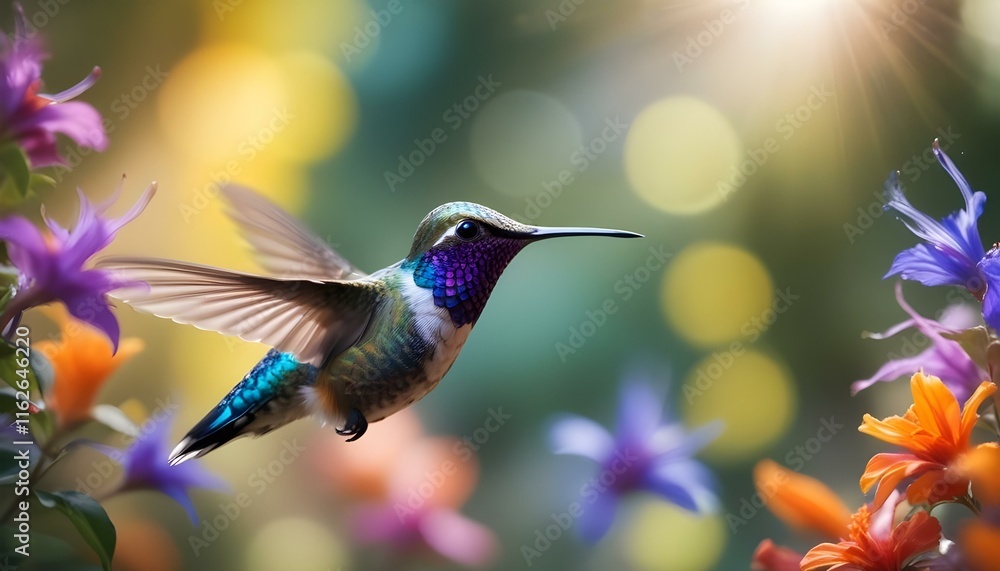 Fototapeta premium Un colorido colibrí con vibrantes plumas azules, moradas y naranjas flotando en el aire sobre un fondo borroso
