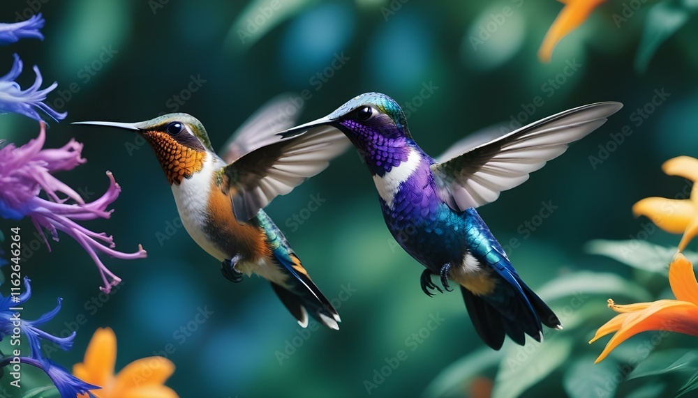 Fototapeta premium Un colorido colibrí con vibrantes plumas azules, moradas y naranjas flotando en el aire sobre un fondo borroso