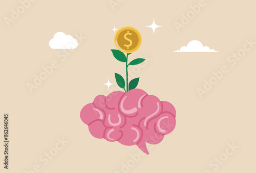 Money attitude, investing mindset, financial knowledge, wealth inspiration, investment brain, wisdom for profit, rich growth concept, brain with seedling growing into a money dollar coin