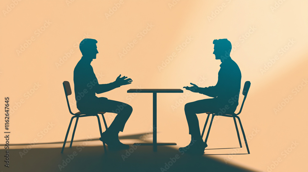 Fototapeta premium Silhouettes of two men sitting across a table gesturing and conversing against a warm beige background with soft shadows 