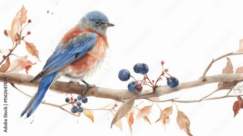 Fototapeta premium Watercolor painting of a bluebird sitting on a branch with berries 