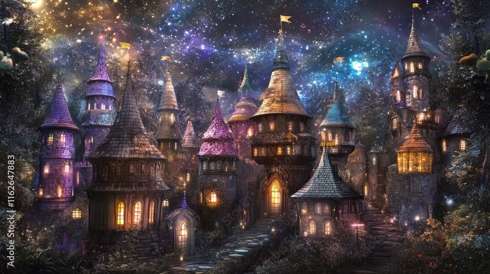 Obraz premium A whimsical fantasy village under a starry sky, featuring colorful towers and glowing windows.