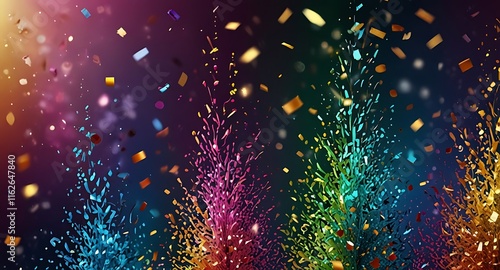 Colorful glitter and confetti on a bright gradient background. Eve event posters, party invitations, pop art