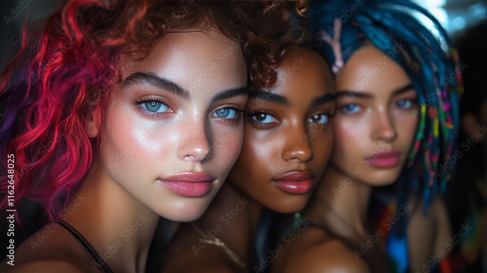Fototapeta premium Diverse women with striking features posing closely together with natural lighting indoors