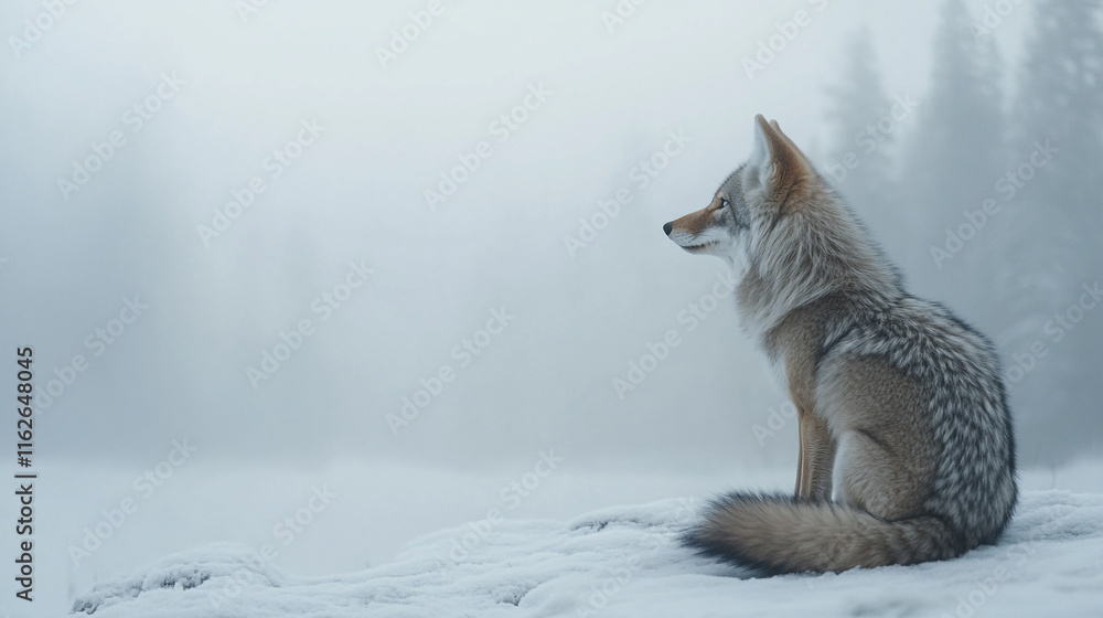 Obraz premium Coyote sitting quietly in a snowy landscape surrounded by foggy forest