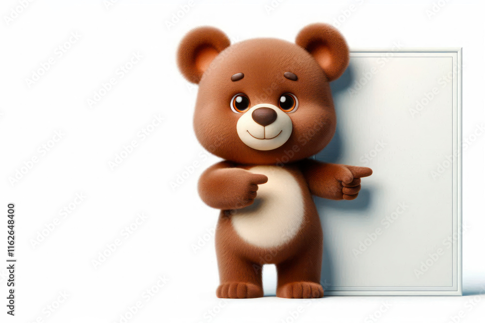 Obraz premium The bear cub points to an empty tablet. Space for text.