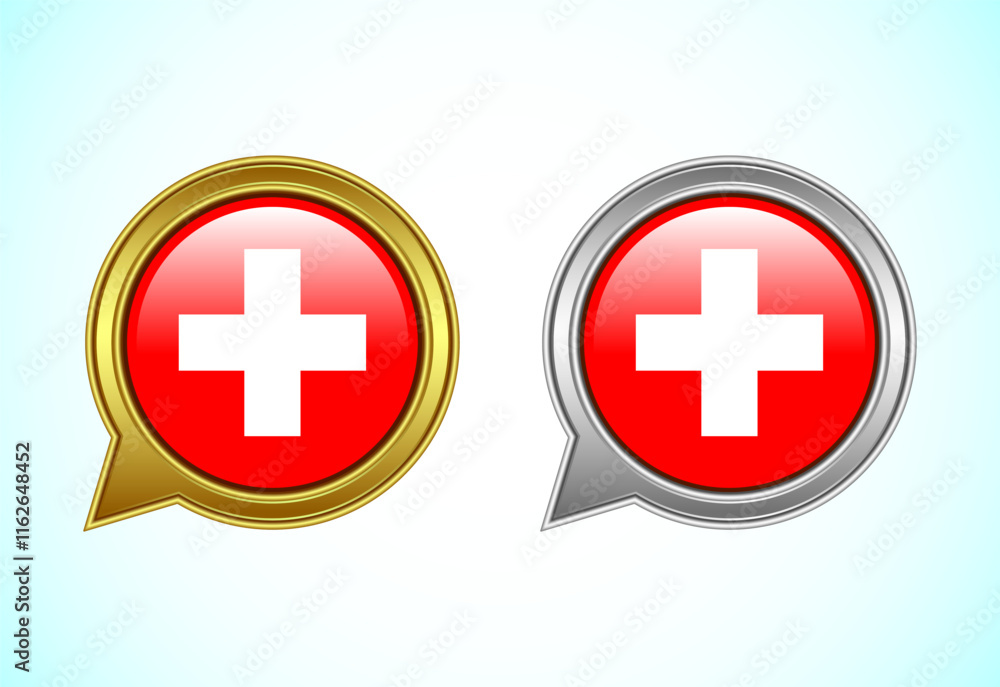 Obraz premium Switzerland flag speech bubble. Speaking flag icon in gold and silver color