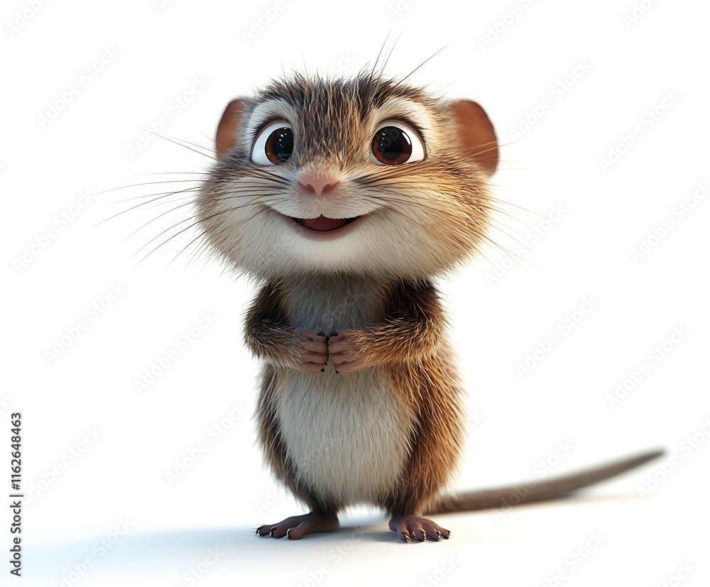 Obraz premium Adorable 3D cartoon mouse with big eyes, smiling, standing on white background.