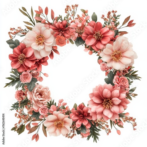 A vibrant floral wreath made of pink and white flowers, perfect for decorations and celebrations.