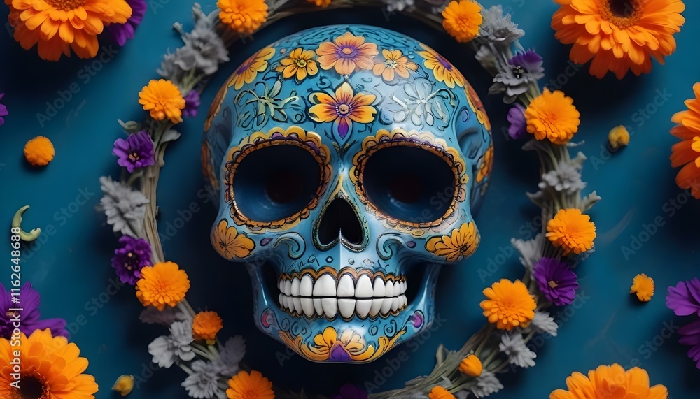 Una colorida calavera de azúcar con diseños florales, rodeada de flores de caléndula naranja sobre un fondo púrpura borroso Una colorida calavera de azúcar con diseños florales, rodeada de flores de caléndula naranja sobre un fondo púrpura borroso