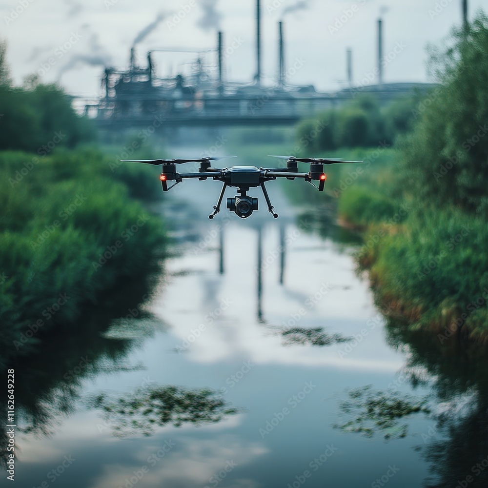 High-tech drone flying over scenic forest river view High-tech drone flying over scenic forest river view
