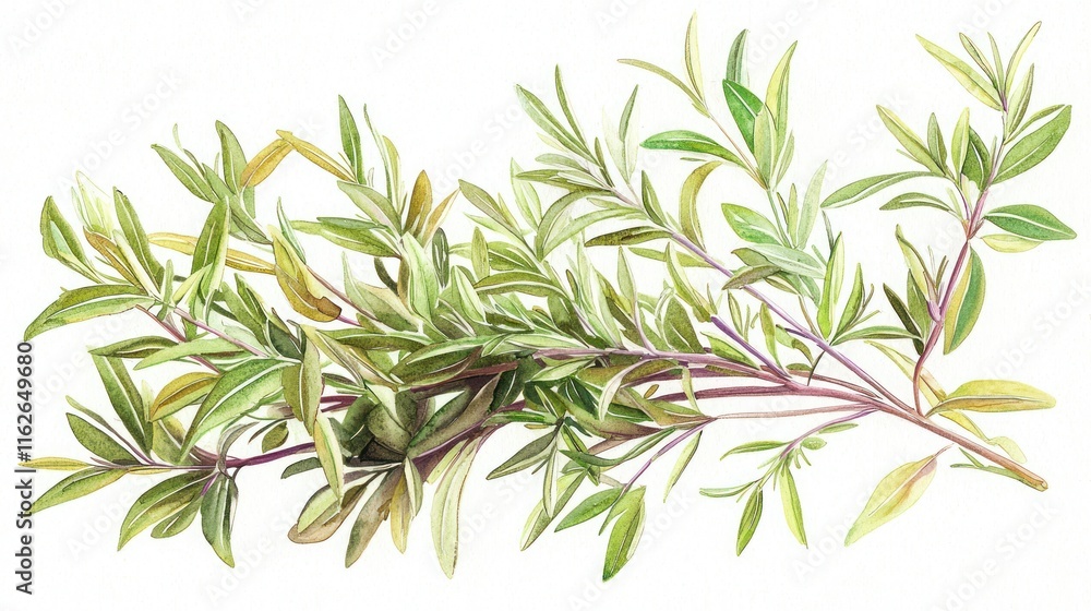 Naklejka premium Watercolor Painting of Green Herb Sprig Botanical Illustration Culinary Herbs Fresh Greenery