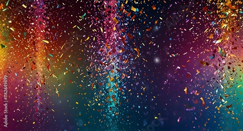 Colorful glitter and confetti on a bright gradient background. Eve event posters, party invitations, pop art